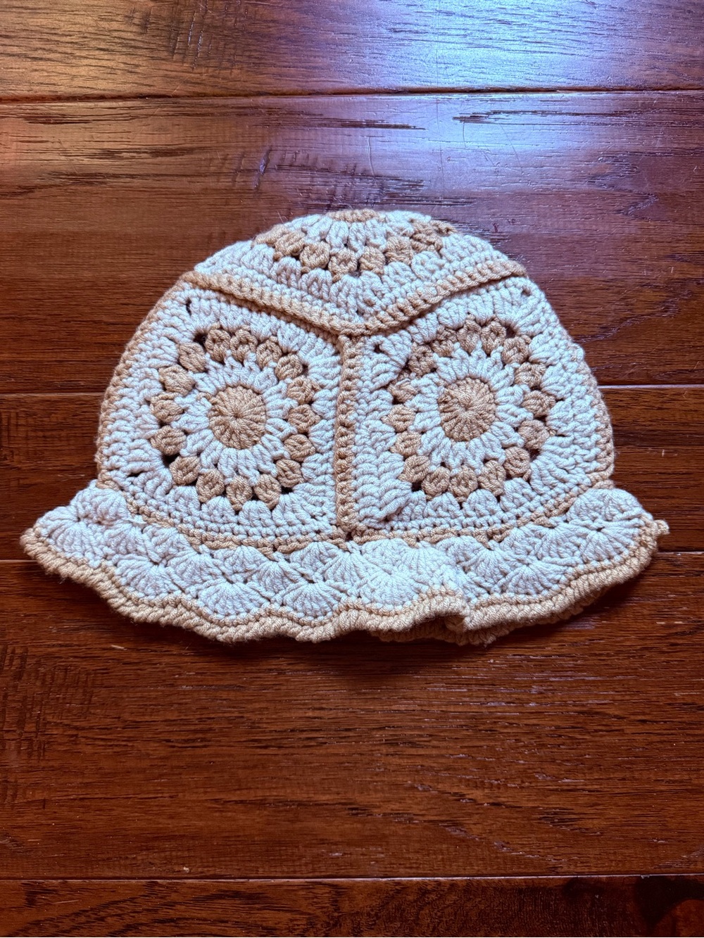 Hand-Crocheted Women's Bucket Hat in Cream and Tan